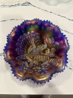 Northwood Peacocks On The Fence Ruffled Bowl In Blue