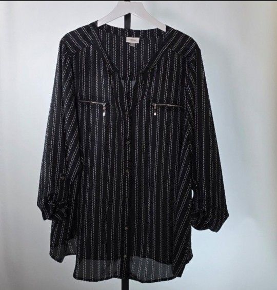 Pullover Blouse White Black Stripe Zip Pockets Size 26/28