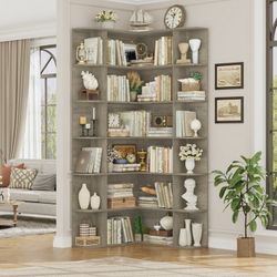 73.9” Tall Corner Bookshelf, 6 Tier L-Shaped Large Display Bookcase with Curved Edges for Living Room Home Office Study, Gray