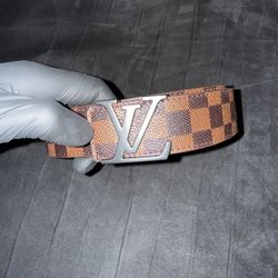 Luxury Checkered Designer Belt — Brown Damier Style Pattern | Matte Silver Statement Buckle 