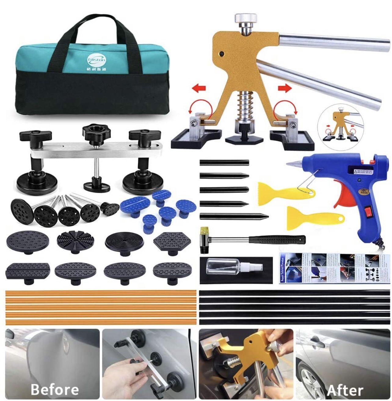 45pcs Paintless Dent Repair Tool Dent Puller Kit, Adjustable Width, Pops a Dent Car Dent Removal Kit, PDR Golden Lifter, Bridge Puller& Glue Gun for A