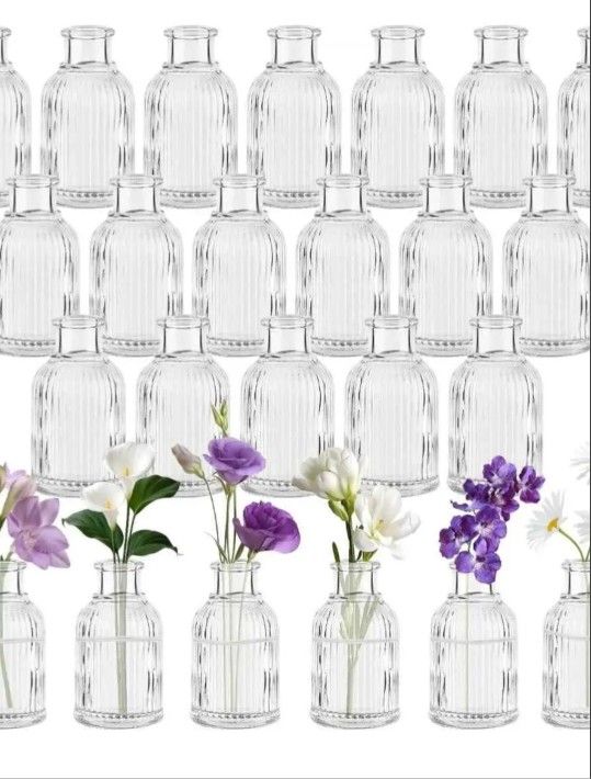 Glass Bud Vases Set of 14, Small Flower Vase in Bulk, Clear Mini Ribbed VaseS for Centerpieces, Modern Wedding Reception Table (PRICE IS FIRM