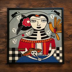 Frida Kahlo Inspired Embroidered Textile Wall Art – Framed 18.25” Square