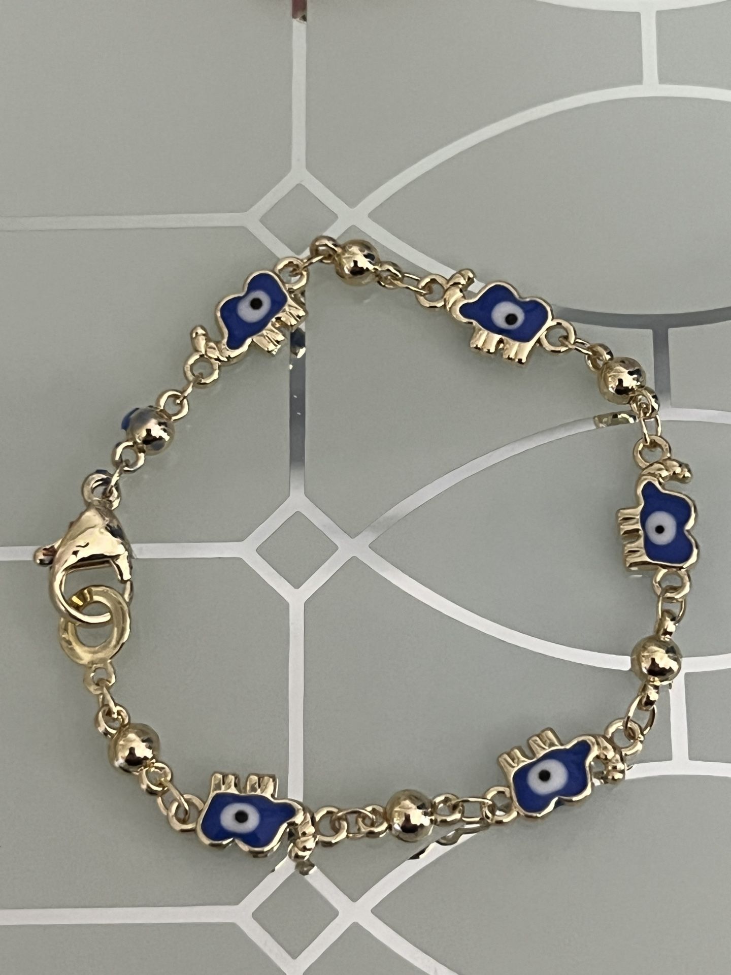 Evil Eye Gold Plated Kids Bracelet With Blue Enamel Elephants 6” 3mm
