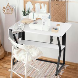 Sewing Table, Large Sewing Machine Table with Adjustable Platform and Storage Shelf - White