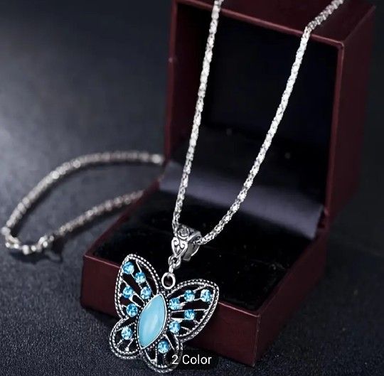 Vintage Turquoise Butterfly Rhinestones Necklace/ Drop Earrings Set Silver Color Charm  $15
