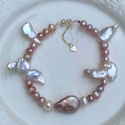 B58-Handmade white Petal Pearl And Purple Pearl S925 Bracelet
