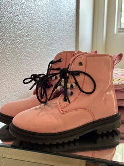 Girls Pink Patent Combat Boots – Size 2