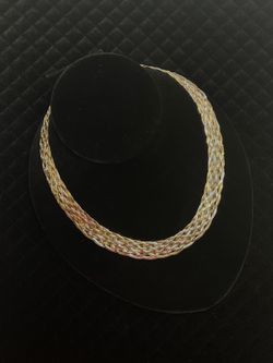 Tri-Color Braided Herringbone Necklace in Sterling Silver – Elegant Woven Design