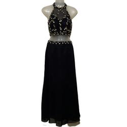 ALEX & SOPHOA BLACK GOLD DRESS LONG PROM FORMAL 2 PIECE CROP TOP SIZE SMALL 3/4 HALTER TOP   This stunning black and gold dress set from Alex & Sophia