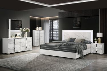 White Marble-Look Bedroom Set with LED Headboard