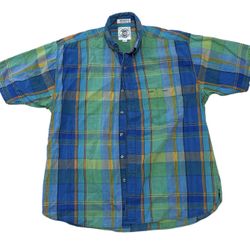 Vintage World Island Button Up Men’s L Green Blue Multicolor Plaid Pocket Shirt