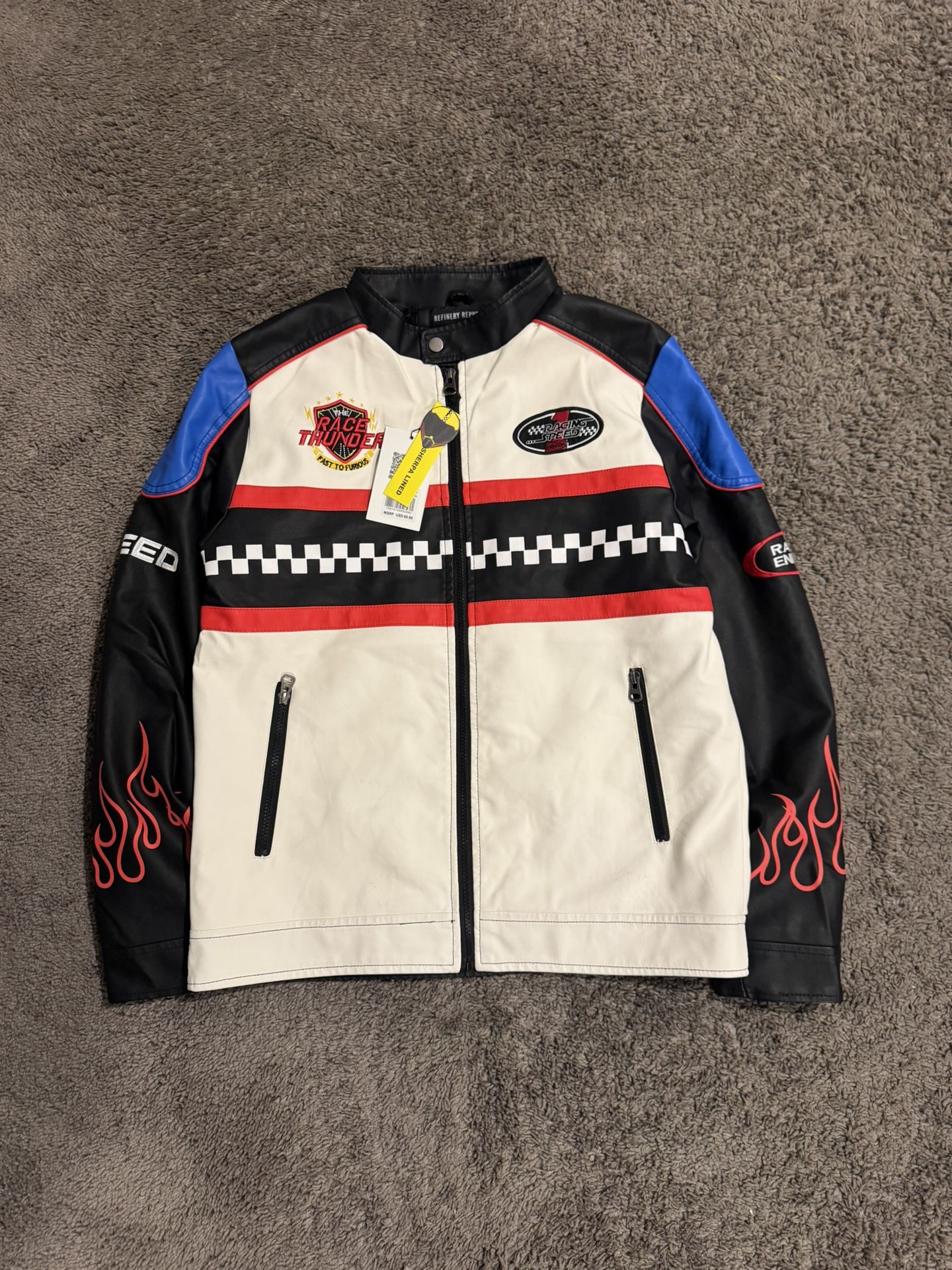 White And Black Leather Biker Jacket Brand New Size Medium