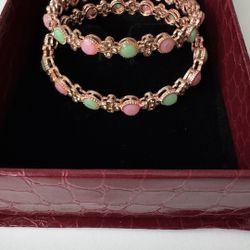 Rose Gold Floral Stone Bangles - Pink & Green - Size 2.8 (Set of 2)