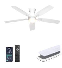 52” Ceiling Fan with Light – Low Profile Flush Mount, Remote & App Control, Dimmable, Quiet DC Motor – White (Still in Box)  Description: Brand new ce