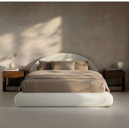Full Size Airframe Half-Moon Cloud Upholstered Bed Frame with Curved Arched Base, Cream Boucle, Full