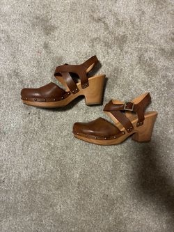 Brown Leather Wooden Clog Heels