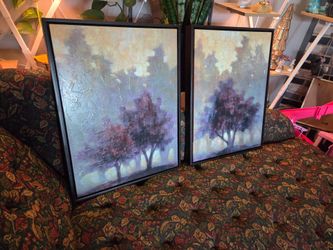 Pair of black framed textured paintings signed, $25 for pair!