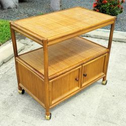 Vintage Rolling Rattan and Wicker Multipurpose Bar Cart / Serving Cart with Cabinet Space, Storage Shelf, Casters.