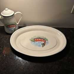 Enamel Hooked Tea Kettle And Platter