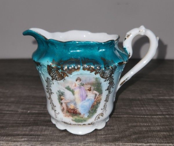 Royal Bavarian China PMB Gold trim Creamer, Maidens-Cherub, Cyan Turquoise Teal
