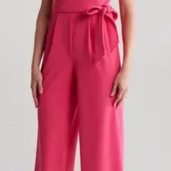 Calvin Klein Pink Jumpsuit Ruffle V-Neck Cropped Wide Leg Size 6