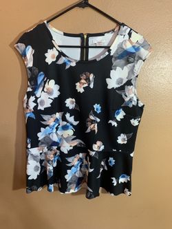 Bar III Black Blue & Cream Floral Peplum Scuba Blouse - XL