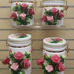 4pc _ Kitchen Canister / Storage Container set - $49.99 _ ceramic ( NEW ) 3 - D Rose