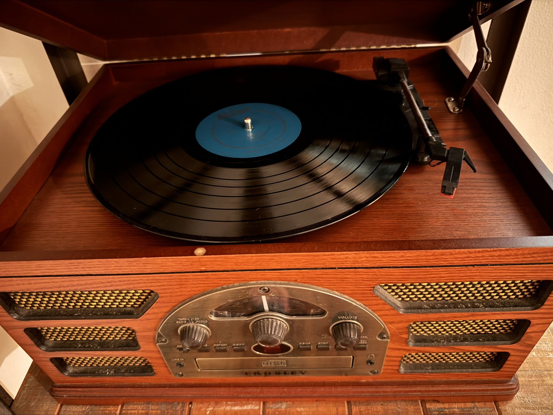 Crosley Record Player With CD, Cassette, Aux In And Out, Radio