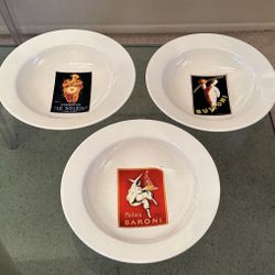 Set Of 3 Pottery Barn Vintage Posters Duet Dual Rim Large White Pasta Salad Bowls Dishwasher Microwave Safe