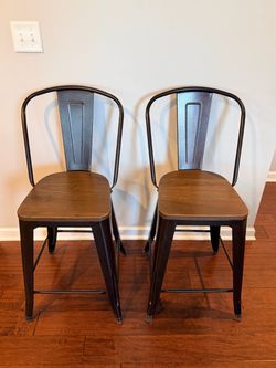Set of 2 Industrial Metal Counter Stools with Wood Seats