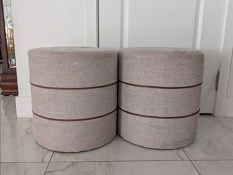 Catalina Round Ottoman Cream with Leather Piping - Threshold designed with Studio McGee