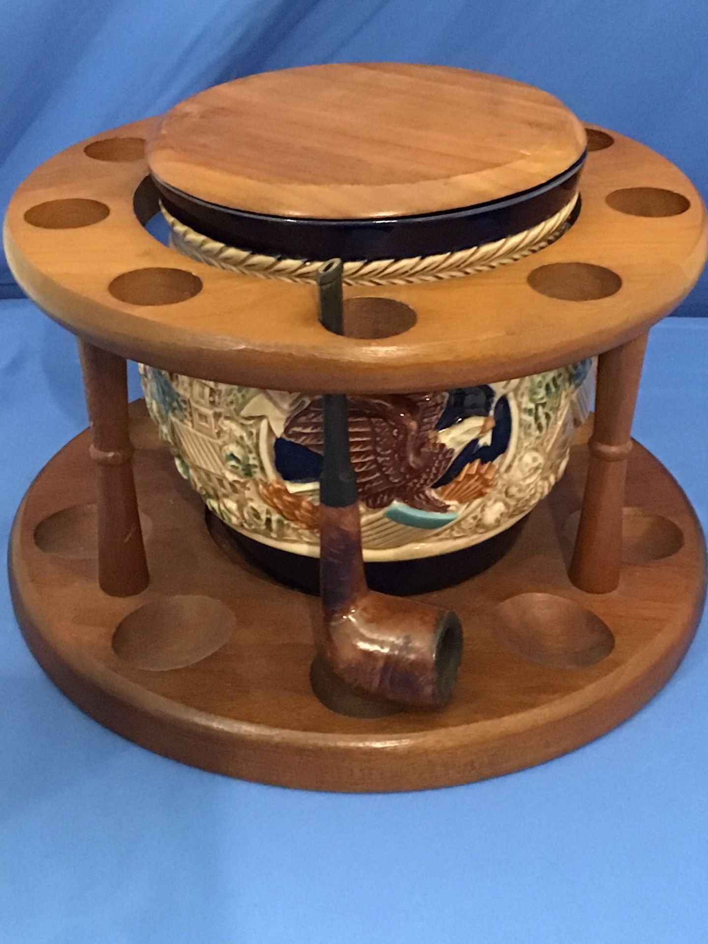 Vintage Fairfax Pipe Stand/Holder with Inarco Japan Ceramic Tobacco Jar “Hero’s of ‘76” and Vintage Burl Wood Pipe