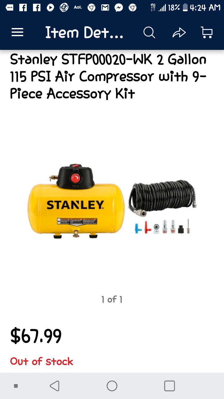stanley 2 gallon compressor with 9 pc air accessary kit