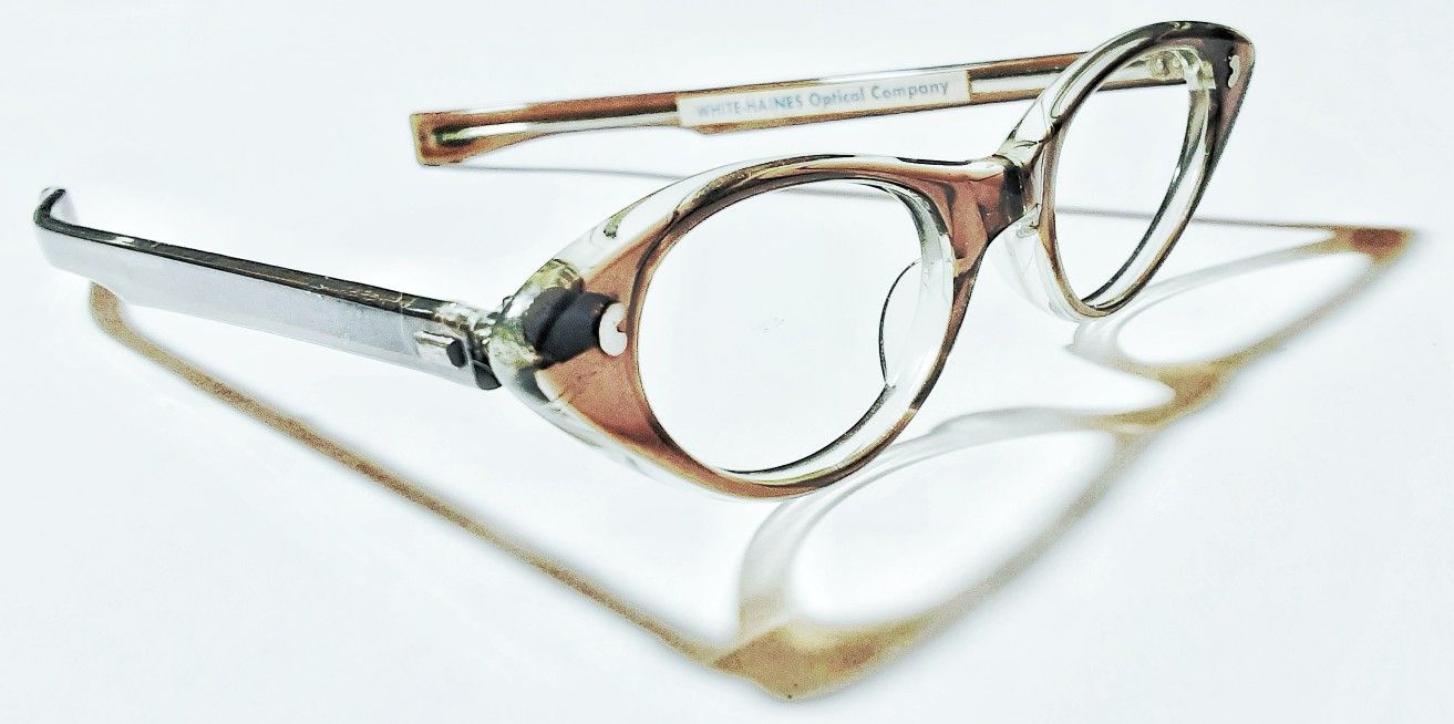 Mid century modern cat eye prescription eye glass frames white Haines brand Sable smoke colored !