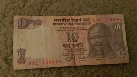 India Ghandi 10 Rupees banknote