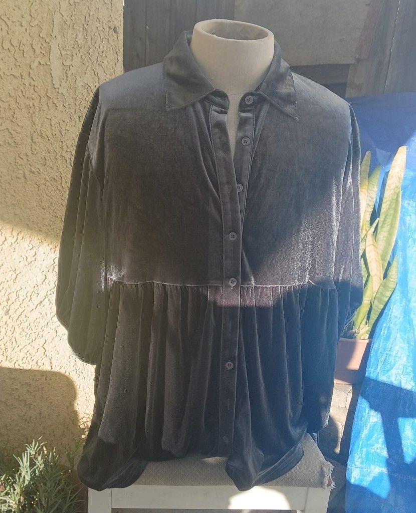 Dark Gray Velvet Button Down Tunic Shirt
