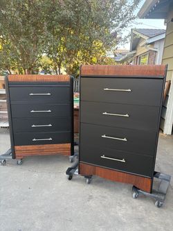 Pair of Black and Wood Dresser Chests on Casters