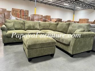 NEW Sage Green Soft Plush Fabric Corner L Shape Sectional Sofa and Ottoman Set Couch Discount Modern Furniture Ashley Style Clearance Black Many Color