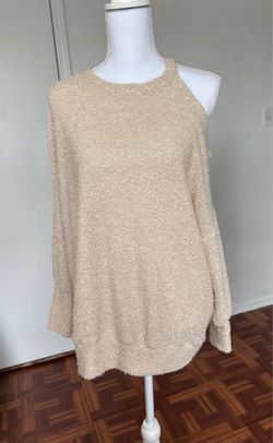 Peach Love women’s beige left open shoulder bishop sleeve blouse size S