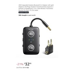 Brand new 2025 Upgraded Airplane Bluetooth 5.4 Adapter with aptX Adaptive, ElecMoga Airplane Travel Essentials Supports 2 AirPods or Headphones, 2-in-