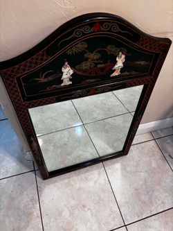 Vintage Oriental Black Lacquer Mother-of-Pearl Mirror- 24”x37”