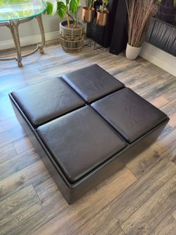 Large Black Faux Leather Storage Ottoman Coffee Table with 4 Reversible Trays