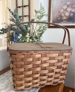 Rare basketville large picnic basket wood split hinge top