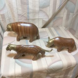 Tiger / Rhinoceros / Bear carvings with Brass Head and Tail