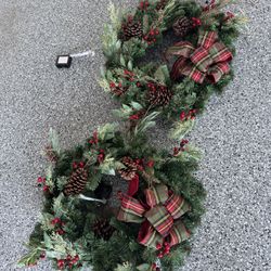 Two 30 in. Woodmoore Battery Operated Mixed Pine LED Pre-Lit Artificial Christmas Wreath with Timer and Plaid Ribbon
