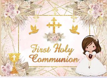 First Holy Communion Backdrop 7x5FT Pink Floral God Bless Baptism Party Decoration Mi Primeria Communion Background for Girls Newborn Christening Conf