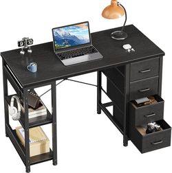 40 Inch Small Computer Desk with 4 Fabric Drawers, Modern PC Desk for Small Spaces, Home Office Desk with Storage Shelves, Black