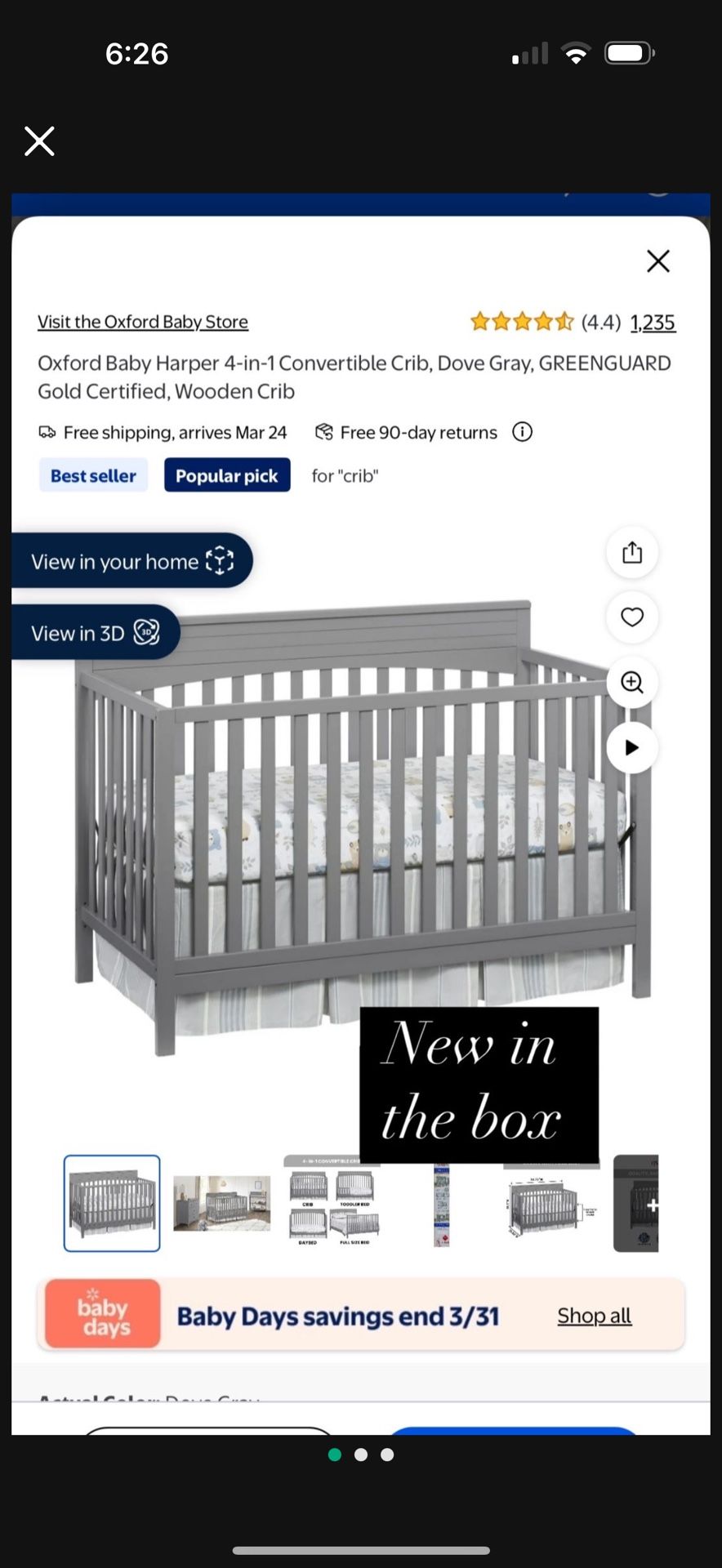 Oxford Baby Harper 4-in-1 Convertible Crib, Dove Gray, GREENGUARD Gold Certified, Wooden Crib