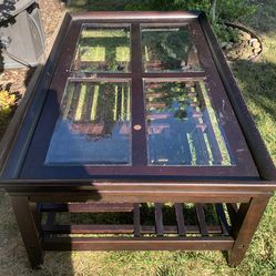 Wood & Glass Coffee Table – Farmhouse Window Pane Style, Lower Shelf